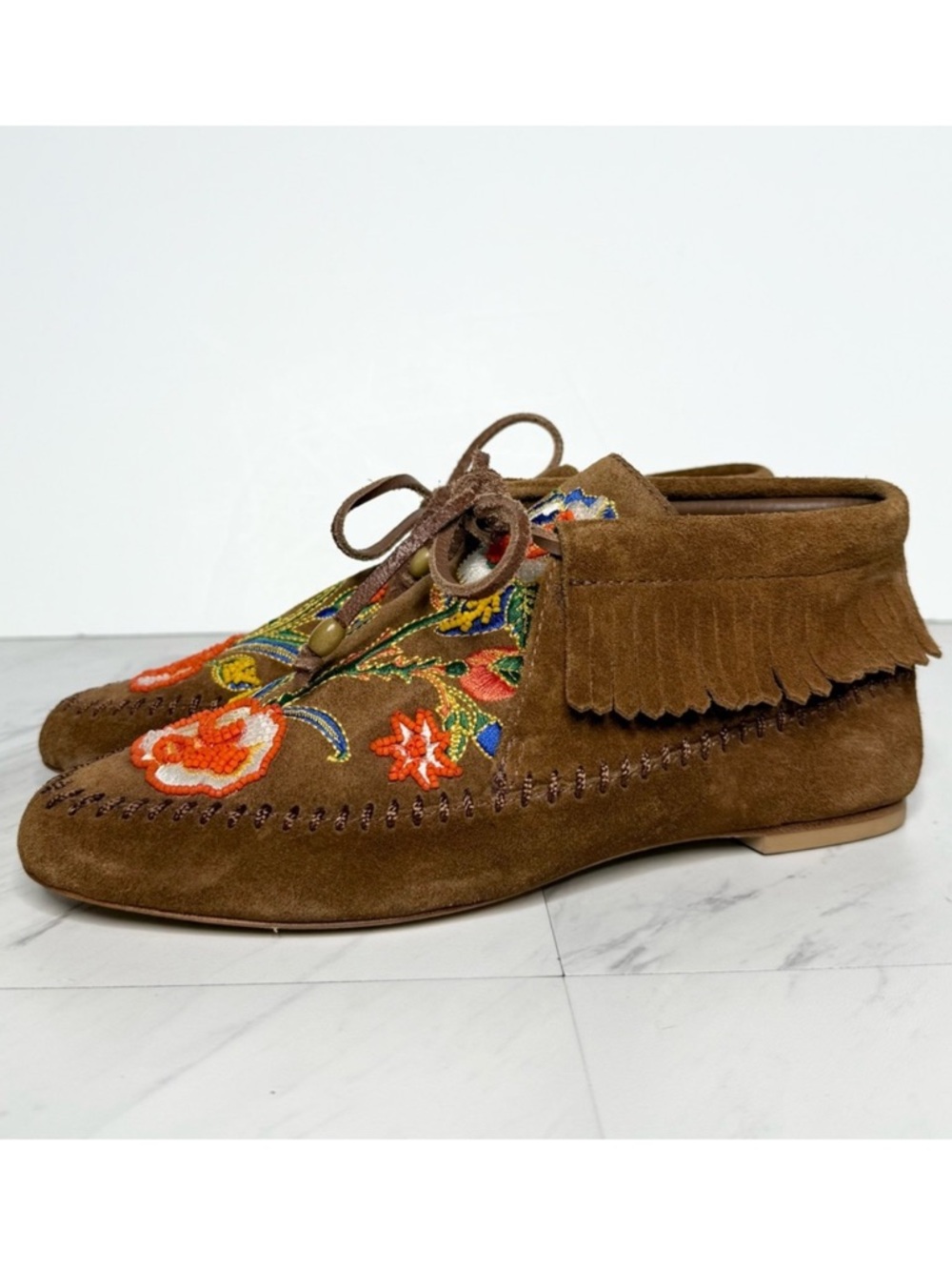 Tory Burch Huntington Fringe Embroidered Brown Suede Moccasins 6M